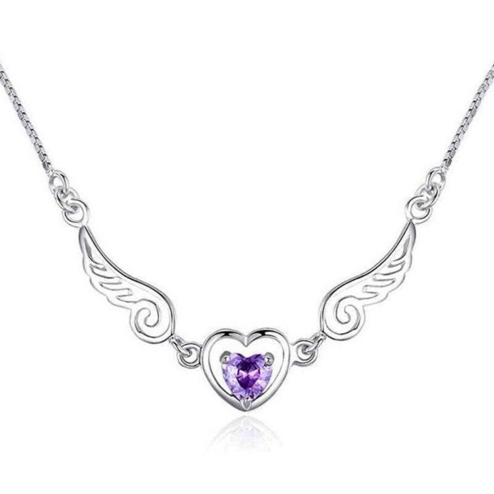 925 Silver Wings & Heart Necklace w/ Purple Stone